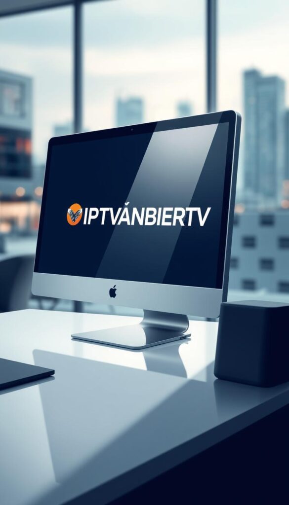 A modern and minimalist digital illustration showcasing the leading IPTVANBIETERTV provider in Germany. A sleek, contemporary desktop computer with a clean UI displays the IPTVANBIETERTV logo and interface, with a subtle reflection on the glossy surface. Soft, directional lighting illuminates the scene, creating depth and emphasizing the high-tech aesthetic. In the background, a blurred cityscape hints at the urban setting, conveying a sense of connectivity and accessibility. The overall tone is professional, authoritative, and visually appealing, reflecting the reliable and trustworthy nature of the IPTVANBIETERTV service.