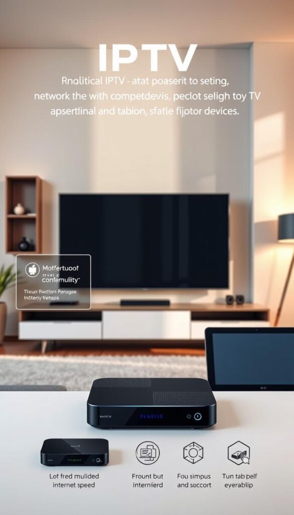 A modern and minimalist digital living room, showcasing the latest IPTV technology. The centerpiece is a sleek and minimalist IPTVANBIETERTV smart TV, surrounded by a clean, well-lit environment. In the foreground, various IPTV streaming devices, such as a set-top box and a tablet, are displayed, highlighting the technical requirements for IPTV setup. The middle ground features subtle signage and infographics explaining the technical prerequisites, including network connectivity, internet speed, and compatible devices. The background depicts a warm, inviting atmosphere with natural lighting, creating a sense of comfort and practicality for the IPTV experience.