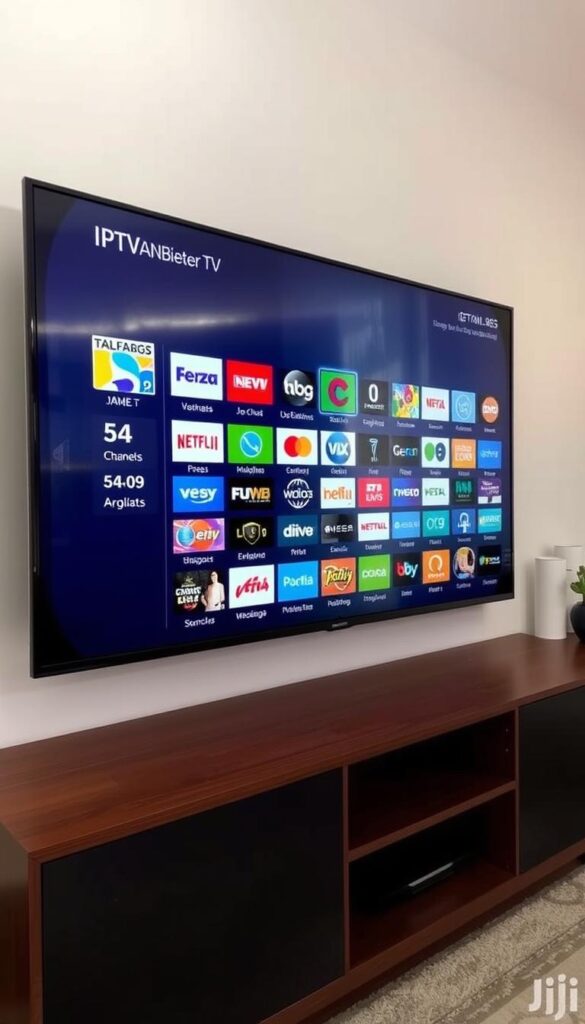 A modern and minimalist digital television display showcasing a wide variety of German IPTV channels from the provider IPTVANBIETERTV. The screen is clean and uncluttered, featuring vivid, high-definition graphics and a sleek, contemporary design. The channels are organized in a grid layout, with clear labels and intuitive navigation. The overall impression is one of a comprehensive, high-quality IPTV service with a diverse range of programming options for German viewers. The lighting is soft and natural, creating a warm, inviting atmosphere. The camera angle is slightly elevated, giving a sense of authority and professionalism to the display.