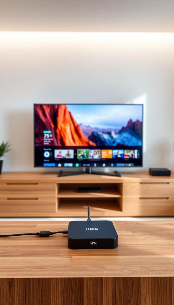 A modern and minimalist digital television setup with a sleek IPTVANBIETERTV streaming device connected to a high-definition flat-screen TV through HDMI. The device is positioned on a wooden media console, surrounded by a clean, well-lit environment with soft, diffused lighting from above. The TV screen displays a vibrant, colorful live feed showcasing the versatility of IPTV, with a seamless VPN connection ensuring privacy and security. The overall scene conveys a sense of technological sophistication and the convenience of a comprehensive home entertainment solution.