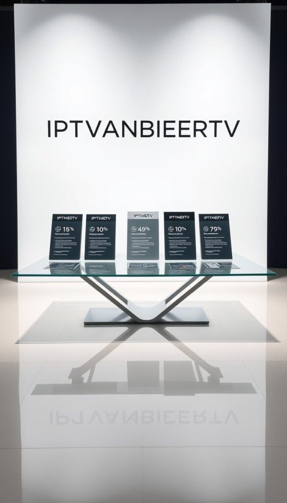 A modern and minimalist display of transparent IPTV pricing models. A sleek glass display table sits atop a clean white background, showcasing the IPTVANBIETERTV brand name in a bold, sans-serif font. The table surface reflects the light, creating a sense of depth and professionalism. On the table, various pricing packages are presented in a neat, organized manner, with clear icons and concise descriptions. The overall atmosphere is one of clarity, simplicity and trustworthiness, perfectly suited to convey the "Unsere transparenten Preismodelle im Überblick" section of the article.