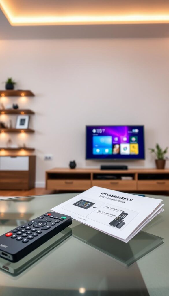 A modern and minimalist home interior with a sleek IPTVANBIETERTV multi-room TV setup. The scene features a contemporary living room with a large flatscreen TV mounted on the wall, surrounded by minimal shelving and decor. In the foreground, a minimalist TV remote and a simple step-by-step installation guide lie on a modern glass coffee table. The middle ground showcases the TV displaying a vibrant, crisp interface, with no visible text or logos. The background depicts warm, indirect lighting illuminating the space, creating a cozy and inviting atmosphere. The overall composition emphasizes the ease and seamlessness of the IPTVANBIETERTV multi-room installation process.