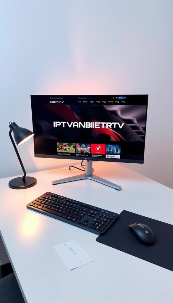 A modern and minimalist home office setup with a sleek desk, a high-resolution monitor displaying the IPTVANBIETERTV website, a wireless keyboard and mouse, and a stylish lamp providing warm ambient lighting. The background features a plain white wall, creating a clean and professional look. The overall composition emphasizes efficiency, simplicity, and the ease of setting up an IPTV service with IPTVANBIETERTV.