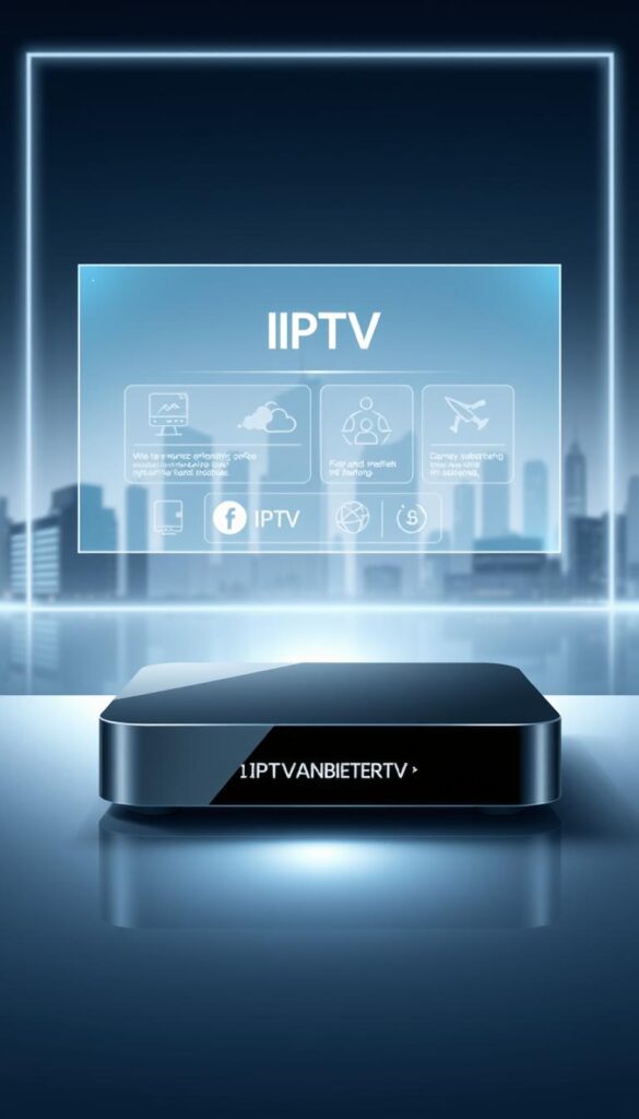 A modern and minimalist illustration depicting the legal situation of IPTV in Germany. In the foreground, a sleek, futuristic-looking IPTVANBIETERTV set-top box with a clean, minimalist design, casting a soft glow. In the middle ground, a holographic display showcases the IPTV service offerings, with icons and infographics providing information about the legal landscape. The background features a serene, abstract cityscape, hinting at the urban environment where IPTV is consumed. The overall mood is one of professionalism, legality, and technological innovation, reflecting the section's focus on the legal aspects of IPTV in Germany.