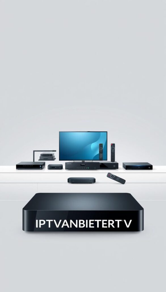 A modern and minimalist illustration of a high-quality IPTV service provider. In the foreground, the sleek and modern logo of "IPTVANBIETERTV" prominently displayed, conveying a sense of professionalism and reliability. In the middle ground, a neatly organized array of streaming devices, remote controls, and other IPTV-related equipment, showcasing the comprehensive service offerings. The background features a clean, neutral color palette, with subtle gradients and textures that create a sense of depth and sophistication. The overall composition should exude a vibe of high-tech, user-friendly, and trustworthy IPTV solutions, suitable for the German market.