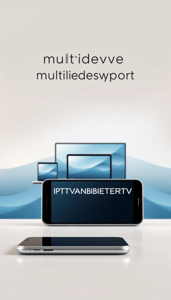 A modern and minimalist illustration of seamless multidevice support. A sleek, silver smartphone in the foreground, its screen mirrored on a laptop, tablet, and smart TV in the middle ground, all connected by elegant lines and flowing elements. The background is a soft, gradient wash of blues and grays, evoking a sense of technology, connectivity, and versatility. The scene is lit by a warm, diffused light, creating depth and dimension. Prominently featured is the brand name "IPTVANBIETERTV", conveying the idea of boundless flexibility and entertainment options across devices.