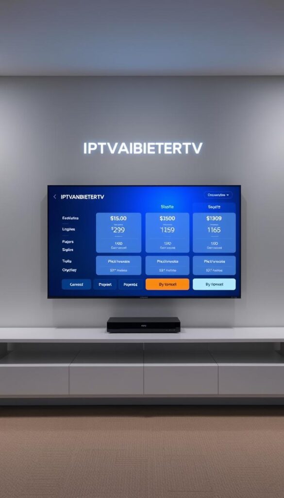 A modern and minimalist image showcasing affordable IPTV prices in Germany. A clean, well-lit display shows the IPTVANBIETERTV brand logo alongside various pricing tiers and subscription options, presented in a sleek, user-friendly interface. The layout is balanced, with plenty of negative space to draw the eye to the key details. The color palette is muted and professional, using shades of blue and gray to convey a sense of reliability and trust. The overall mood is one of clarity and transparency, inviting the viewer to explore the IPTV offerings with confidence.