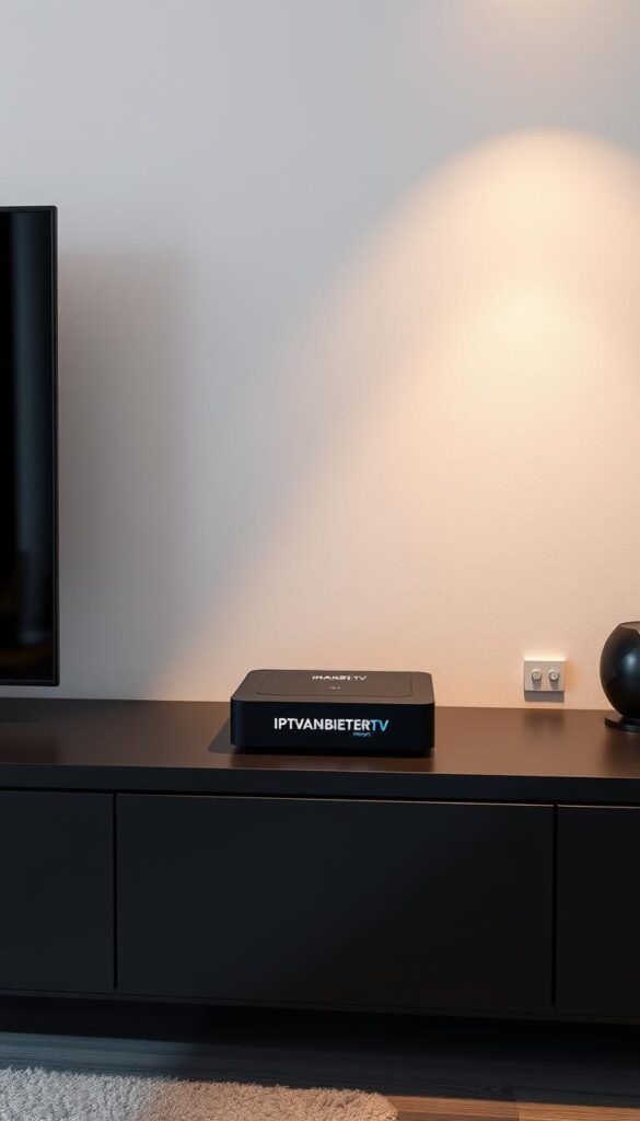 A modern and minimalist interior setup of a MAG Box media streaming device, prominently displayed on a sleek, dark-colored entertainment unit. The MAG Box is positioned in the center, surrounded by clean lines and subtle accents. Soft, directional lighting illuminates the scene, creating a warm and inviting atmosphere. The setup showcases the IPTVANBIETERTV branding in a discreet yet impactful manner, highlighting the device's integration with the IPTV service. The overall composition conveys a sense of simplicity, functionality, and technological sophistication.
