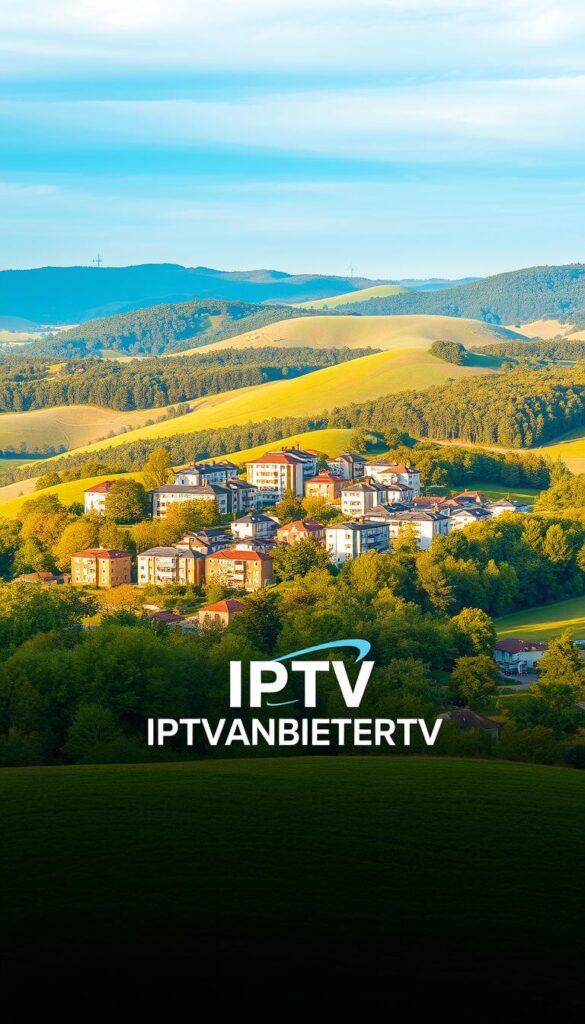 A modern and minimalist landscape depicting the regional specificities of IPTV services in North Rhine-Westphalia, Germany. In the foreground, a sleek and stylized IPTVANBIETERTV logo stands prominently, conveying the brand's professional and reliable image. The middle ground features a cluster of residential buildings, representing the urban centers of NRW, with their distinctive architectural styles. In the background, rolling hills and lush greenery create a serene, natural backdrop, reflecting the diverse geography of the region. The scene is bathed in warm, golden lighting, creating a welcoming and inviting atmosphere. The overall composition strikes a balance between the technological aspects of IPTV and the regional character of NRW, resulting in a visually striking and conceptually relevant image.