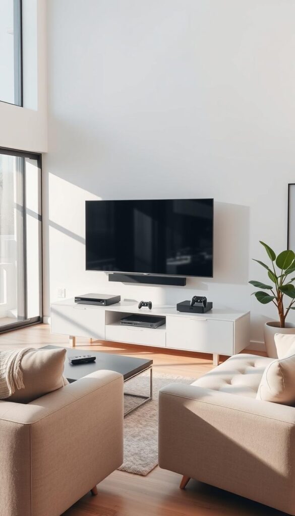 A modern and minimalist living room with a large flatscreen TV mounted on the wall. The room is filled with natural light streaming in through floor-to-ceiling windows, casting a warm glow across the space. A sleek entertainment unit houses the IPTVANBIETERTV setup, with various devices like a streaming box, gaming console, and wireless remote controls neatly arranged. The room has a clean, uncluttered aesthetic, with a plush sofa and armchair providing comfortable seating. The walls are adorned with minimalist artwork, and a potted plant adds a touch of greenery to the scene. The overall atmosphere is one of technological sophistication and relaxation.