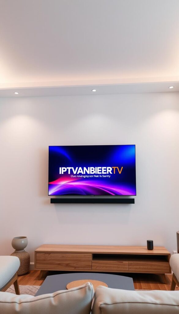 A modern and minimalist smart home setup with a sleek TV display showcasing the IPTVANBIETERTV logo. The TV is mounted on a clean, white wall, with subtle lighting illuminating the scene. The room has a cozy, contemporary atmosphere with wooden accents and comfortable seating. The TV screen displays a vibrant, high-definition image, highlighting the exceptional video quality offered by IPTVANBIETERTV. The overall composition conveys a sense of advanced technology, convenience, and a premium viewing experience.