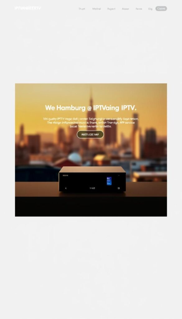 A modern and minimalist web design for IPTVANBIETERTV, featuring a clean layout with a prominent product image and subtle branding. The image showcases a high-quality IPTV service set against a soft, blurred background of the Hamburg cityscape, conveying a sense of reliability and professionalism. The lighting is warm and inviting, creating a welcoming atmosphere. The composition places the product in the foreground, with the city skyline providing a subtle backdrop, emphasizing the service's local focus. The overall tone is one of trust, quality, and attention to detail, reflecting the section's title and the article's subject.
