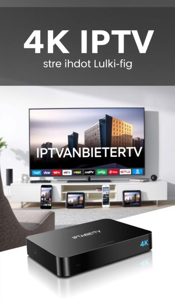 A modern and sleek 4K IPTV provider comparison scene, showcasing various streaming devices and TV screens. A minimalist design with clean lines and a bright, natural lighting. The IPTVANBIETERTV brand prominently displayed, emphasizing its high-quality 4K streaming services. In the foreground, a smart TV and a streaming box with 4K capabilities. In the middle ground, additional devices such as tablets and smartphones, representing the ability to access the IPTV service on multiple devices. The background features a modern, stylish living room setting with subtle hints of German architecture. The overall atmosphere conveys a sense of technological sophistication and user-friendly accessibility.