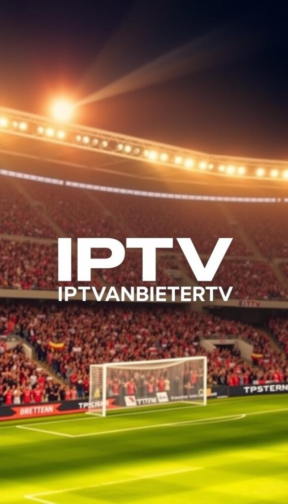 A modern and sleek IPTV Deutschland logo set against a dynamic backdrop of a soccer stadium, with spectators cheering in the stands and the pitch in the foreground. The logo, "IPTVANBIETERTV", is prominently displayed in a bold, clean font, capturing the essence of a premium IPTV service catered to football enthusiasts. The lighting is warm and natural, creating a sense of energy and excitement, reflecting the passion of football fans. The composition is well-balanced, with the logo taking center stage, surrounded by the vibrant stadium atmosphere.
