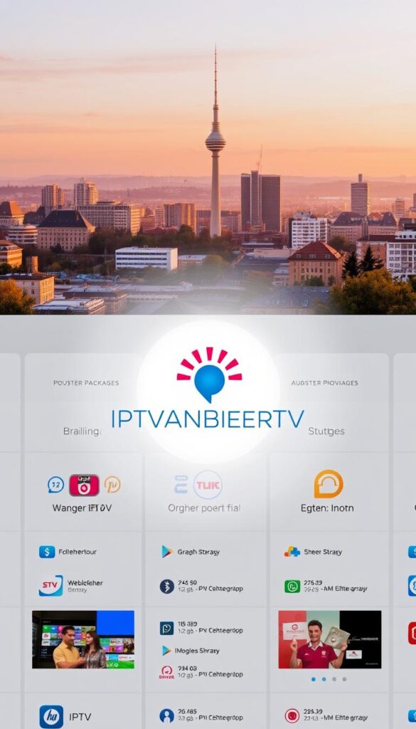 A modern and sleek IPTV comparison interface, showcasing various IPTV packages and providers in the Stuttgart region. The layout features a clean grid display with vivid icons and clear pricing information. In the center, the IPTVANBIETERTV brand logo stands out prominently, surrounded by a subtle radial glow. The background is a soft, gradient-based cityscape of Stuttgart, with the iconic Fernsehturm visible in the distance, bathed in warm, golden lighting. The overall scene conveys a sense of professionalism, convenience, and comprehensive IPTV options tailored to the local market.