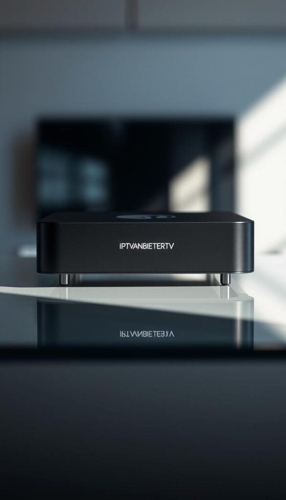 A modern and sleek IPTV device with a minimalist design, resting on a glass surface with soft, directional lighting. The device has a smooth, matte black exterior with clean lines and a subtle IPTVANBIETERTV logo on the front. The background is out of focus, creating a sense of depth and emphasizing the product. The lighting casts gentle shadows, adding depth and dimension to the image. The overall mood is sophisticated and premium, reflecting the high-quality IPTV experience.