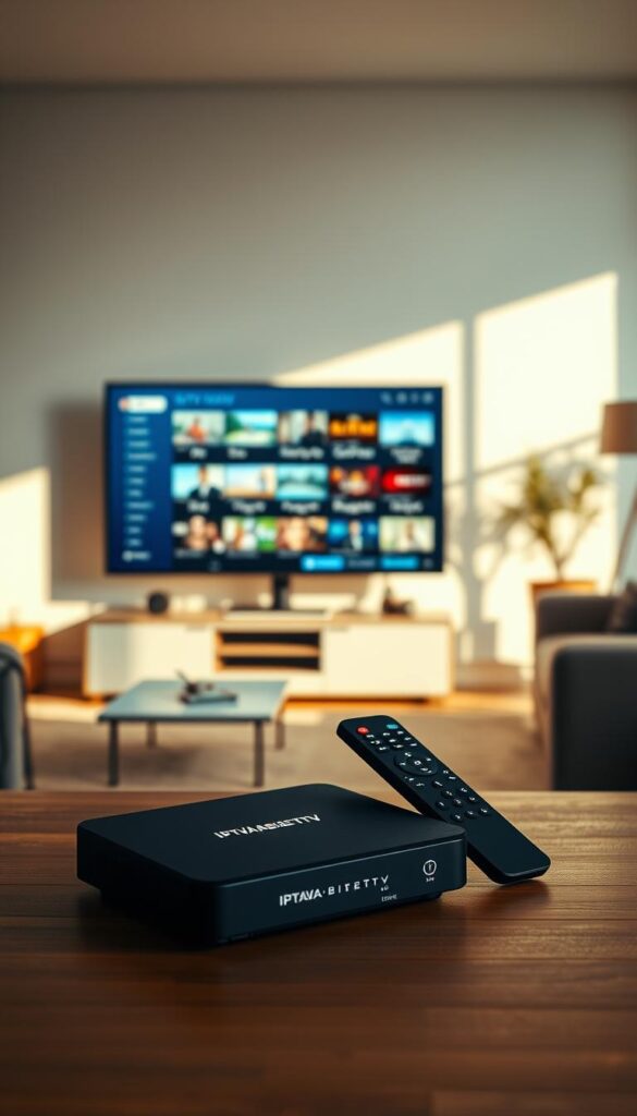 A modern and sleek IPTV installation setup in a cozy home environment. The foreground features the IPTVANBIETERTV branded set-top box and remote control placed on a minimalist wooden table, bathed in warm, soft lighting. In the middle ground, a high-definition television displays the IPTV user interface, showcasing the extensive channel selection. The background depicts a minimalist living room with large windows allowing natural light to filter in, creating a serene and inviting atmosphere. The overall scene conveys the ease and convenience of setting up and enjoying IPTV entertainment at home.