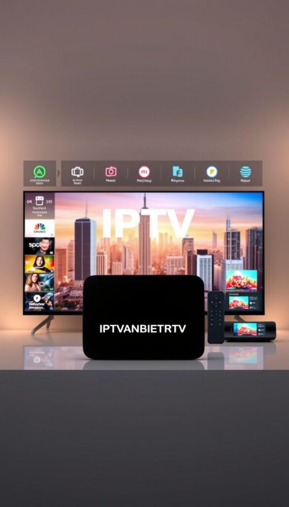 A modern and sleek IPTV interface with a clean, minimalist design. The foreground showcases the IPTVANBIETERTV brand logo prominently, with an array of media content icons and applications surrounding it. The middle ground features various IPTV-enabled devices such as smart TVs, set-top boxes, and mobile devices, highlighting the multi-device support. The background depicts a vibrant cityscape with skyscrapers and a futuristic, high-tech atmosphere, symbolizing the advanced and cutting-edge nature of IPTV technology. The lighting is soft and warm, creating a pleasant and inviting ambiance. The overall composition conveys the key benefits of IPTV, including flexibility, accessibility, and the seamless integration of traditional and digital media.