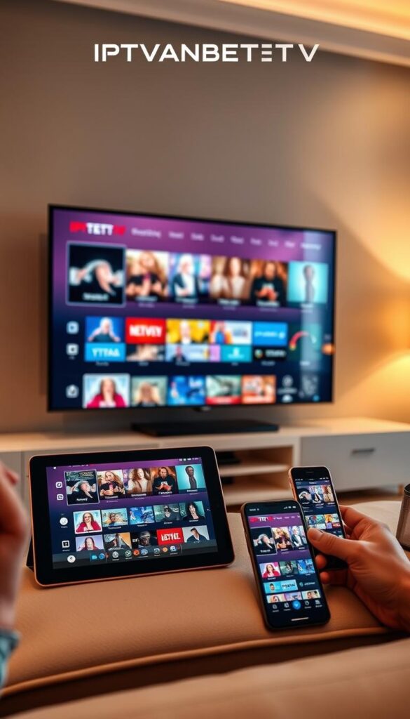 A modern and sleek IPTV package offered by IPTVANBIETERTV, showcasing a multi-screen setup. The scene depicts a living room with a large flatscreen TV, a tablet, and a smartphone all displaying the same IPTV content simultaneously. The lighting is warm and ambient, creating a cozy atmosphere. The TV screen displays a wide selection of IPTV channels and services, while the other devices showcase the flexibility of the multi-screen experience. The overall composition emphasizes the convenience and value of the IPTVANBIETERTV offering, targeting a discerning audience seeking a premium IPTV solution.