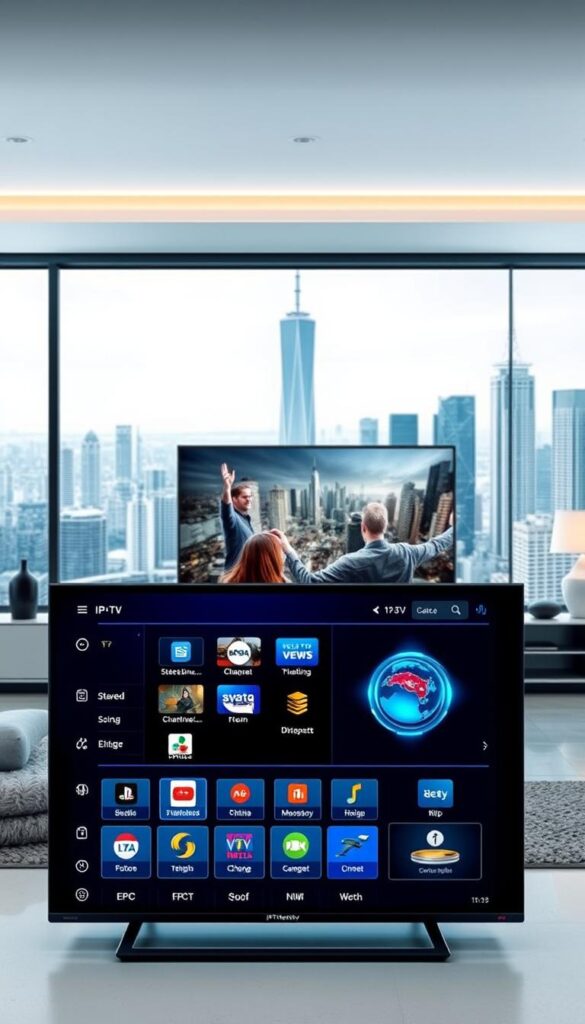 A modern and sleek IPTV provider service in Deutschland, showcasing the IPTVANBIETERTV brand. The foreground features a high-tech dashboard with various channel icons, streaming options, and an electronic program guide (EPG). The middle ground depicts a living room setting with a minimalist TV stand and a large flatscreen TV displaying the IPTVANBIETERTV user interface. The background has a cityscape of skyscrapers and urban landscapes, hinting at the broad coverage and availability of the IPTV service across Germany. The lighting is crisp and well-balanced, with a cool color palette reflecting the digital nature of the subject. The overall composition conveys a sense of modernity, convenience, and comprehensive IPTV solutions for the German market.