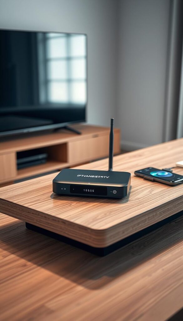 A modern and sleek IPTV receiver device resting on a minimalist wooden table, with a clean and minimal design. The receiver has the IPTVANBIETERTV branding prominently displayed, showcasing its high-quality and reliable capabilities. The device is surrounded by various compatible devices such as a smart TV, tablet, and smartphone, all connected seamlessly to demonstrate the system's versatility and integration. Soft, diffused lighting illuminates the scene, creating a warm and inviting atmosphere. The composition emphasizes the receiver's central role and the harmonious compatibility with a range of contemporary digital devices.