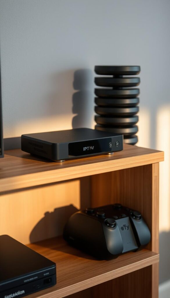 A modern and sleek IPTV receiver, the IPTVANBIETERTV, sits prominently on a minimalist wooden shelf. The device's clean lines and matte black finish are accentuated by soft, warm lighting that casts gentle shadows, creating a cozy and inviting atmosphere. The receiver is positioned alongside a neatly arranged stack of media controllers, hinting at the comprehensive device support for a seamless IPTV experience. The background is a neutral, slightly blurred grey, allowing the IPTV receiver to be the focal point, showcasing its versatility and integration within a modern home entertainment setup.