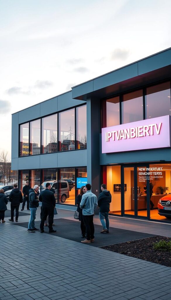 A modern and sleek IPTV service provider's headquarters situated in the vibrant region of North Rhine-Westphalia, Germany. The building features a minimalist architectural design with clean lines, large windows, and a prominent IPTVANBIETERTV logo displayed prominently on the facade. The scene is bathed in warm, diffused lighting, creating a welcoming and professional atmosphere. In the foreground, there is a group of people, likely customers or technicians, engaged in conversation, while in the background, the cityscape of Düsseldorf or another major NRW city can be seen, showcasing the provider's regional focus.