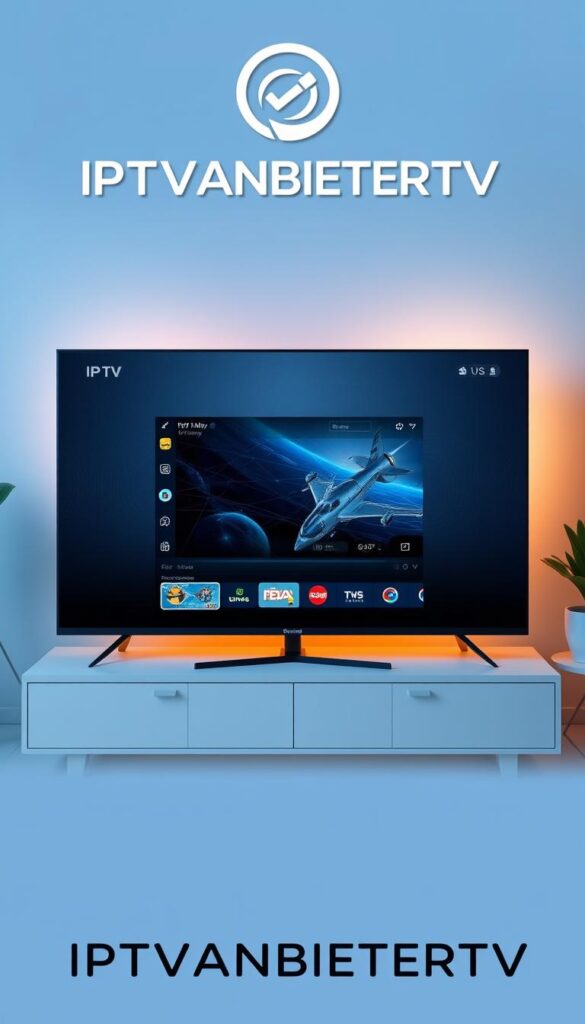 A modern and sleek IPTV service with a striking brand name "IPTVANBIETERTV". The interface features a clean, minimalist design with a bold color palette of blues and grays. The main screen showcases a large, high-definition video player surrounded by intuitive controls and menus. The background has a subtle pattern or texture, conveying a sense of technical sophistication. Subtle lighting casts a warm glow, creating a comfortable and inviting atmosphere. The overall composition is balanced and visually appealing, reflecting the seamless user experience of this IPTV provider.