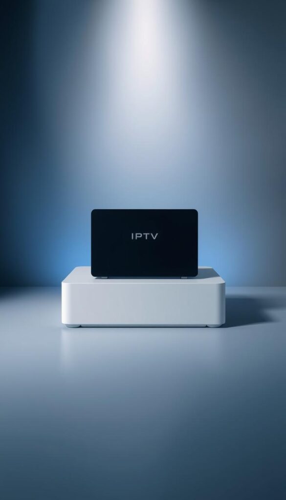 A modern and sleek IPTV set-top box against a minimalist backdrop. The device is prominently displayed, showcasing its clean, angular design and high-quality materials. The box is surrounded by a subtle gradient of blues and grays, creating a sense of depth and emphasis on the product. Soft, indirect lighting illuminates the scene, highlighting the device's smooth surfaces and glossy finish. The overall atmosphere is one of technological sophistication and premium quality, reflecting the capabilities of IPTVANBIETERTV's extensive channel offering.