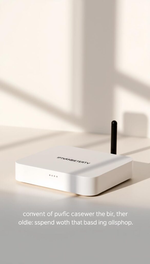 A modern and sleek IPTV set-top box in a minimalist white and silver design, showcasing the IPTVANBIETERTV brand prominently. The device is captured from a slightly low angle, casting subtle shadows and highlights that emphasize its clean lines and premium build quality. The background is a soft, neutral tone that allows the product to take center stage, conveying a sense of sophistication and technological prowess. The lighting is natural and diffused, creating a warm and inviting atmosphere that highlights the device's compatibility with a range of older media players and smart TVs.