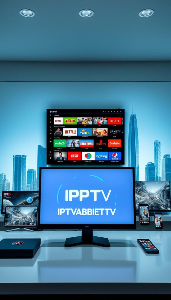 A modern and sleek IPTV setup with a minimal, high-contrast design. The screen displays a variety of streaming services and live TV channels, highlighting the advantages of IPTV over traditional cable or satellite TV. In the foreground, a desktop computer with the IPTVANBIETERTV logo prominently displayed. The middle ground features various devices like smart TVs, tablets, and smartphones, showcasing the versatility of IPTV. The background has a clean, futuristic cityscape with tall, glass skyscrapers, conveying a sense of technological advancement. The lighting is bright and evenly distributed, creating a sense of clarity and professionalism. The overall mood is one of efficiency, convenience, and the future of television viewing.