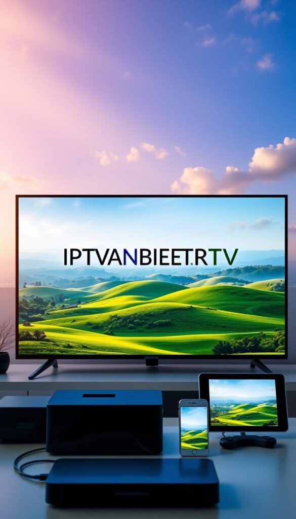 A modern and sleek IPTV setup with the IPTVANBIETERTV logo prominently displayed. The foreground features various connected devices like a smart TV, tablet, and smartphone, showcasing the multi-device convenience of an IPTV Deutschland Jahresabo. The middle ground depicts a lush, green landscape with rolling hills, hinting at the wide range of TV channels and entertainment options. The background has a vibrant, colorful sky with sun rays peeking through, creating a warm and inviting atmosphere. The overall composition highlights the benefits of an IPTV Deutschland Jahresabo, such as accessibility, flexibility, and a diverse content library.