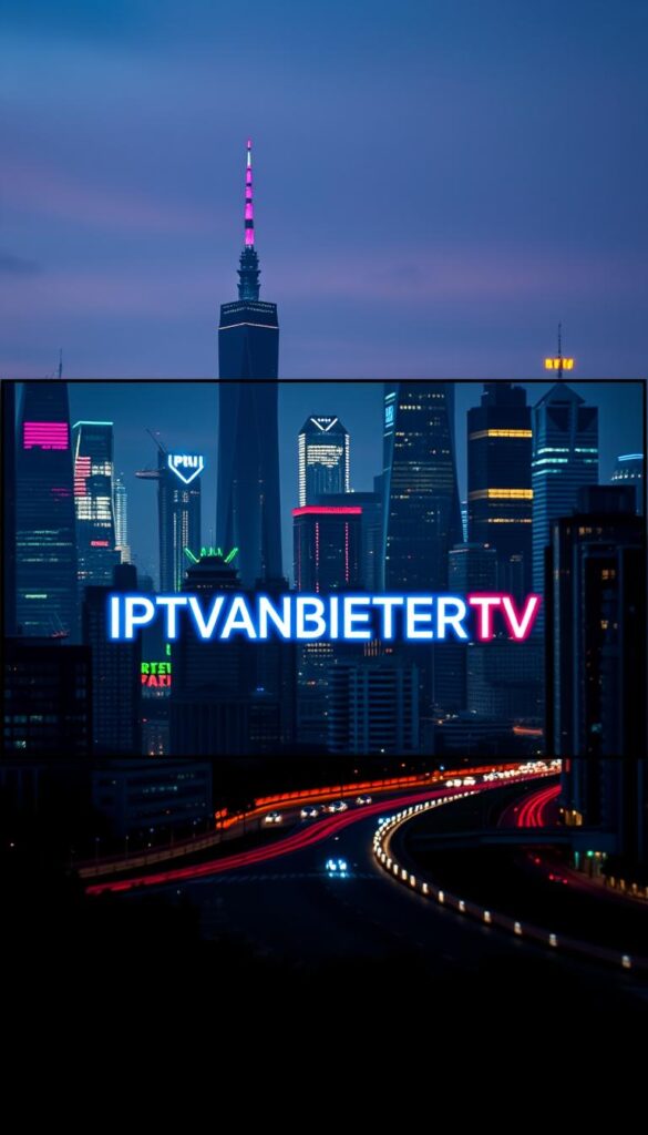 A modern and sleek IPTV streaming service with a minimalist user interface. The IPTVANBIETERTV logo is prominently displayed in the center, rendered in a bold, futuristic typeface with a subtle neon glow. The background features a vibrant city skyline at night, with towering skyscrapers and a colorful array of lights illuminating the urban landscape. The scene is captured from a low angle, creating a sense of grandeur and scale. Soft, diffused lighting casts dramatic shadows, adding depth and drama to the composition. The overall mood is one of innovation, technology, and the transformative power of IPTV in revolutionizing the television landscape in Germany.