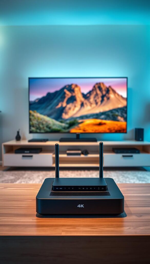A modern and sleek IPTV streaming setup with high-quality video playback. A large 4K display in the foreground showcases crisp and vibrant imagery, powered by the latest IPTVANBIETERTV set-top box. In the middle ground, a minimalist media console houses the streaming device, connected to a high-speed internet router. The background features a clean, contemporary living room setting with soft, diffused lighting creating a warm, inviting atmosphere. The overall scene conveys a sense of technological sophistication and seamless home entertainment experience.