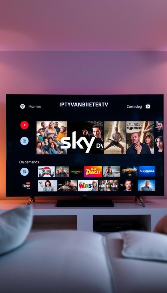 A modern and sleek IPTV subscription service from Sky Deutschland, showcasing a comprehensive array of high-definition channels and on-demand content. The interface features a clean, minimalist design with intuitive navigation, allowing users to easily browse and access their favorite programming. The IPTVANBIETERTV logo is prominently displayed, reflecting the brand's premium quality and reliability. The scene is illuminated by warm, soft lighting, creating a cozy and inviting atmosphere. The overall composition emphasizes the versatility and user-friendliness of the IPTV service, making it an appealing choice for a wide range of viewers.