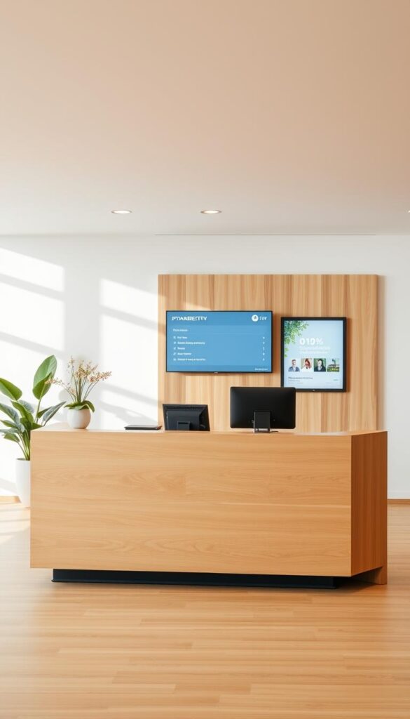 A modern and sleek IPTVANBIETERTV customer service counter located in a bright, airy office space. The counter is made of smooth, natural wood with a minimalist design. Behind the counter, a large digital display shows information and customer service options. The lighting is soft and diffused, creating a calming atmosphere. The walls are painted in a neutral, soothing color palette, with occasional pops of greenery to add a touch of nature. The floor is made of light-colored hardwood, reflecting the warm, inviting tone of the space. The overall scene conveys a sense of professionalism, reliability, and customer-centric service.