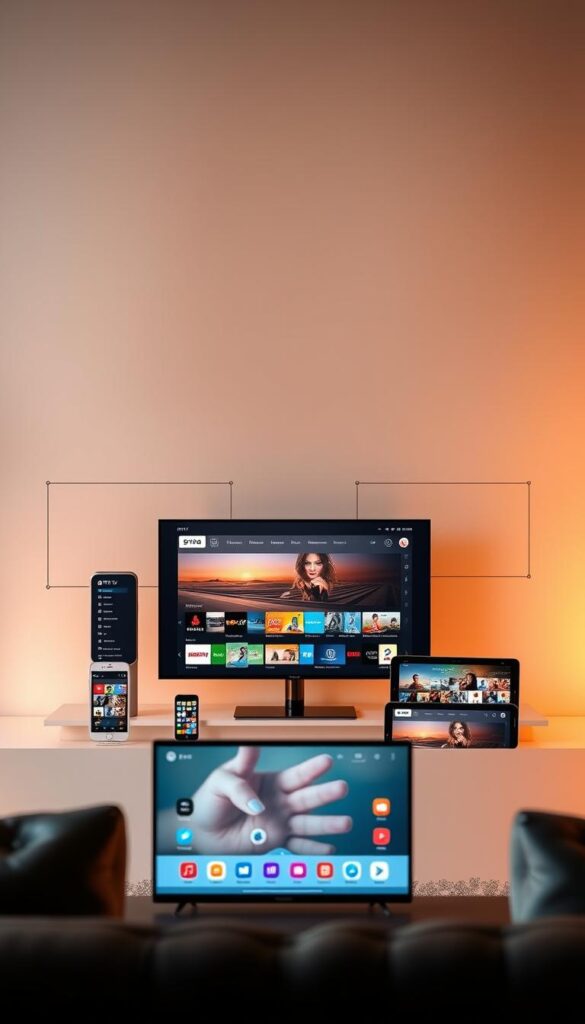 A modern and sleek IPTVANBIETERTV dashboard with multiple devices seamlessly connected, showcasing a variety of IPTV viewing options. The interface is clean and intuitive, with high-quality icons and graphics. The background is a soft, muted gradient, creating a sense of minimalism and professionalism. The foreground features several devices, such as smart TVs, smartphones, and tablets, all displaying different IPTV content. The lighting is subtle and warm, highlighting the refined aesthetics of the IPTVANBIETERTV platform. The overall composition conveys a sense of versatility, convenience, and the ability to enjoy IPTV on multiple devices simultaneously.