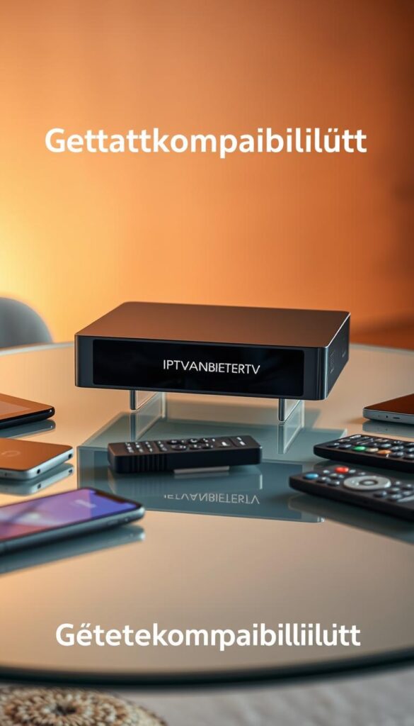 A modern and sleek IPTVANBIETERTV device resting on a minimalist glass table, casting a soft reflection. The device is surrounded by various consumer electronics like smartphones, tablets, and remote controls, showcasing its broad device compatibility. Warm, diffused lighting illuminates the scene, creating a welcoming atmosphere. The background features a blurred, gradient-based backdrop, allowing the IPTVANBIETERTV device to be the focal point. The composition emphasizes the versatility and seamless integration of the IPTVANBIETERTV system with multiple devices, reflecting the "Gerätekompatibilität" aspect of the article section.