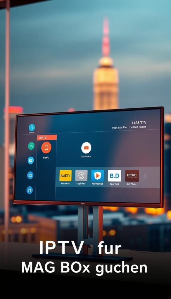 A modern and sleek IPTVANBIETERTV interface presented on a high-resolution display, showcasing a clean and intuitive layout with crisp icons and vibrant colors. The display is mounted on a minimalist metal stand, bathed in warm, directional lighting that creates depth and emphasizes the screen's clarity. The background features a blurred cityscape, hinting at the global reach and accessibility of the IPTV service. The overall composition conveys a sense of professionalism, reliability, and technological advancement, perfectly suited to illustrate the "IPTV für MAG Box kaufen" section of the article.