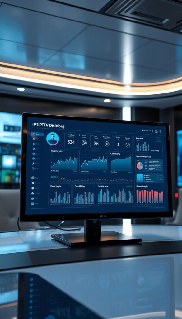 A modern and sleek IPTVANBIETERTV monitoring dashboard displayed on a high-resolution digital screen. The interface showcases real-time data on network stability, connection quality, and service uptime. The UI features clean lines, minimal icons, and intuitive visualizations to help technicians quickly identify and address any disruptions. The screen is positioned in a well-lit, futuristic control room setting with subtle ambient lighting and reflective surfaces. The overall scene conveys a sense of technological sophistication and reliability, instilling confidence in the IPTV provider's ability to maintain seamless service delivery.