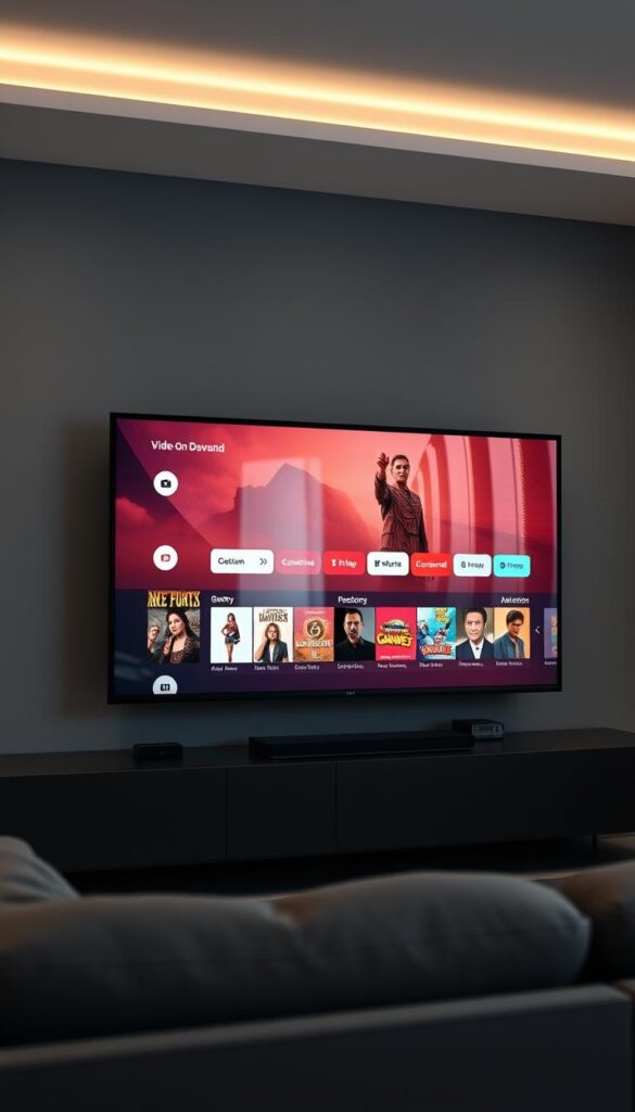 A modern and sleek IPTVANBIETERTV smart TV set, displaying a crisp and vibrant video-on-demand interface. The screen is framed by a minimalist black bezel, set against a sophisticated grey living room backdrop. Soft, ambient lighting creates a warm, inviting atmosphere, while subtle reflections on the TV screen suggest high-quality visuals. The layout showcases a diverse selection of on-demand content, hinting at the wide range of entertainment options available. The overall scene conveys the convenience, flexibility, and entertainment value of IPTV with video-on-demand services.