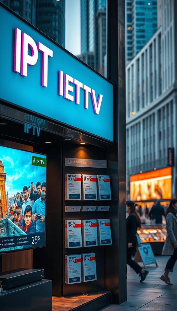 A modern and sleek IPTVANBIETERTV storefront in a busy city center, bathed in warm evening light. The display showcases various IPTV subscription packages, each with an attractive price tag and a clean, minimalist design. The foreground features a large, high-quality television screen displaying vivid, high-definition content, enticing passersby to explore the IPTV offerings. The middle ground depicts a well-organized and neatly arranged selection of IPTV packages, each with a clear and concise description of the features and benefits. The background suggests an upscale, urban environment, with tall buildings and a bustling street scene, creating a sense of energy and excitement around the IPTV products.