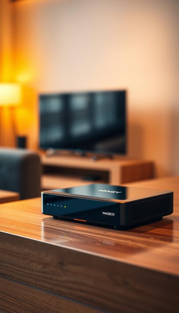 A modern and sleek MAG Box IPTV device, elegantly designed with a minimalist aesthetic. The device sits atop a polished wooden surface, bathed in warm, diffused lighting that creates a cozy, inviting ambiance. The MAG Box's clean lines and glossy black finish are complemented by subtle accents, such as soft indicator lights and a discreet IPTVANBIETERTV logo. The device is positioned in the foreground, capturing the viewer's attention, while the background remains pleasantly out of focus, creating a sense of depth and emphasis on the subject. The overall composition conveys a sense of technological sophistication and seamless integration into a contemporary living space.