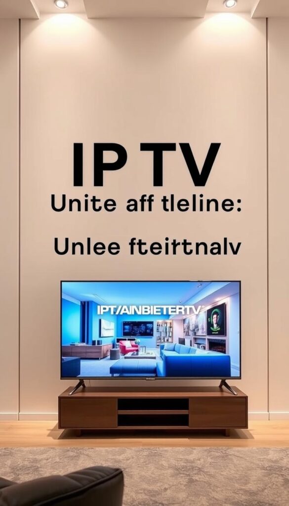 A modern and sleek Smart TV displaying the IPTVANBIETERTV brand logo, showcased against a minimalist background with clean lines and soft lighting. The TV screen displays a vibrant, high-definition image of a living room scene, representing the seamless integration of IPTV technology into the home entertainment experience. The overall composition conveys a sense of technological sophistication and user-friendly accessibility, aligning with the article's focus on understanding IPTV and its practical applications.