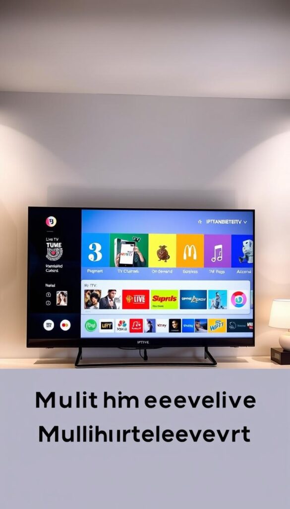 A modern and sleek Smart TV displaying the IPTVANBIETERTV user interface, showcasing a wide selection of live TV channels, on-demand content, and seamless multi-device support. The interface features a clean, minimalist design with bold colors and intuitive navigation, allowing for an immersive and user-friendly IPTV experience. The TV is positioned in a minimalist, well-lit living room setting, with soft, diffused lighting creating a warm and inviting atmosphere. The overall scene conveys the convenience and versatility of IPTV on Smart TVs, perfectly complementing the article's focus on the multidevice capabilities of IPTVANBIETERTV.