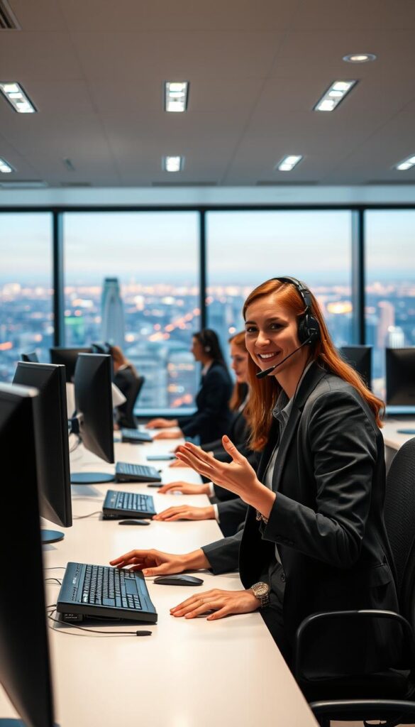 A modern and sleek call center interior with a team of friendly customer service representatives assisting IPTVANBIETERTV clients. The foreground features a customer service agent in a professional attire, smiling and gesturing while speaking on a headset. The middle ground showcases rows of desks and computer monitors, creating a dynamic workspace atmosphere. The background depicts a large, panoramic window overlooking a vibrant cityscape, conveying a sense of urban sophistication. Bright, diffused lighting illuminates the scene, creating a warm and welcoming ambiance. The overall composition emphasizes IPTVANBIETERTV's commitment to reliable and personalized customer support, available around the clock.