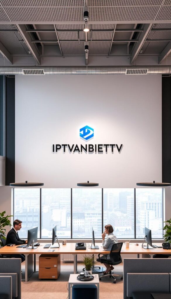 A modern and sleek customer support center for IPTVANBIETERTV, Germany's leading IPTV provider. The scene depicts a spacious and well-lit office, with a large window overlooking the cityscape. In the foreground, a team of friendly, knowledgeable support agents are assisting customers at their desks, equipped with the latest technology. The middle ground showcases the IPTVANBIETERTV branding and logo prominently displayed on the wall, conveying a sense of professionalism and reliability. The background features a minimalist, Scandinavian-inspired decor, creating a calming and welcoming atmosphere for the customers. Soft, diffused lighting and muted color tones add to the sophisticated and trustworthy ambiance of the space.