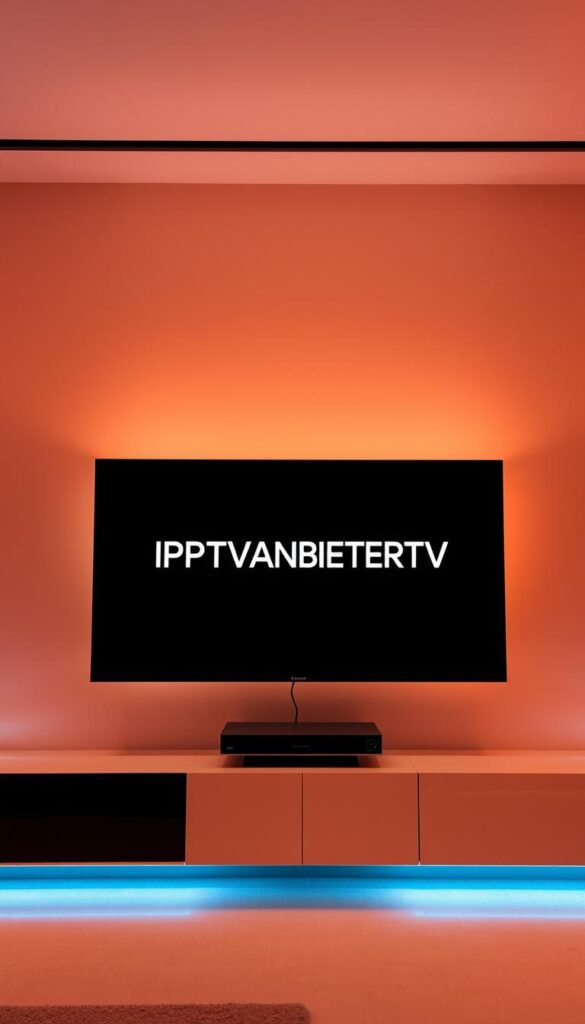 A modern and sleek digital display showcasing the IPTVANBIETERTV brand logo. The screen is set against a minimalist backdrop of warm, muted tones, creating a visually appealing and professional atmosphere. The overall composition is well-balanced, with the logo positioned prominently in the center, surrounded by subtle design elements that complement the brand's identity. The lighting is soft and directional, highlighting the crisp edges and clean lines of the display. The camera angle is slightly elevated, giving the image a sense of authority and authority. The mood is one of authority, professionalism, and technological sophistication, reflecting the leading position of IPTVANBIETERTV in the legal IPTV market in Germany.