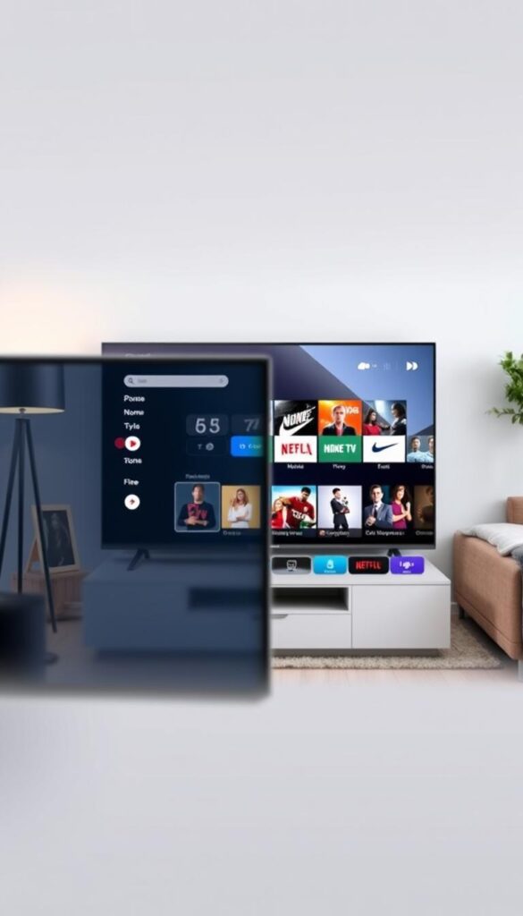 A modern and sleek digital television display showcasing the IPTVANBIETERTV brand, positioned prominently in the foreground. The display features a clean, minimalist design with a large, high-resolution screen displaying a diverse selection of live TV channels and on-demand content. The middle ground depicts a comfortable living room setting, with a cozy sofa and tasteful home decor elements that complement the technological focus. The background is softly blurred, hinting at a warm, inviting atmosphere. The lighting is subtle and even, creating a sense of balance and sophistication. The overall composition conveys the affordability, versatility, and premium quality of the IPTVANBIETERTV service.