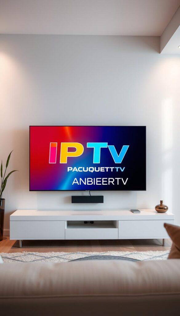 A modern and sleek digital television screen displays the vibrant and colorful IPTVANBIETERTV logo, showcasing the advantages of IPTV over traditional TV services. The screen is set against a backdrop of a minimalist, contemporary living room, with clean lines, neutral tones, and a sense of elegance. Soft, diffused lighting illuminates the scene, creating a warm and inviting atmosphere. The composition emphasizes the integration of technology into the home environment, highlighting the seamless experience IPTV can provide. The overall impression conveys the modernity, convenience, and entertainment value of IPTV as a superior alternative to traditional television services.